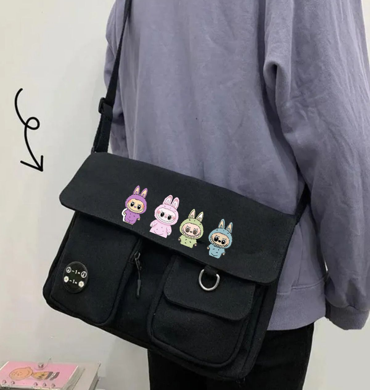 Labubu Karakter Harajuku Unisex Cepli Unisex Siyah Postacı Çantası