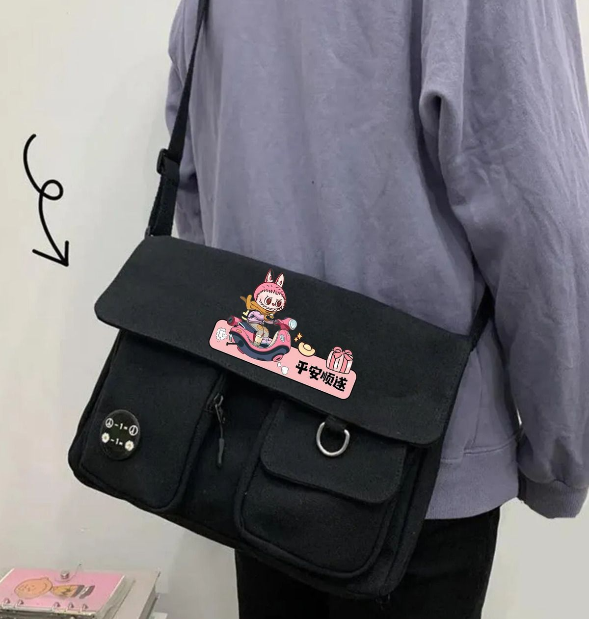 Labubu Harajuku Unisex Cepli Unisex Siyah Postacı Çantası